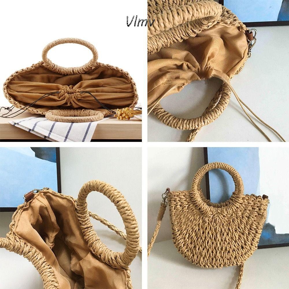 Vlmv Beach Weaving Straw Bag, กระเป๋าแฮนด์เมดความจุขนาดใหญ่รูปดวงจันทร์, กระเป๋าชายหาดแบบห่อฟาง 2023 สําหรับผู้หญิง