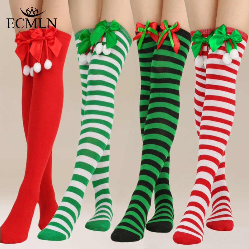 Ecmln คริสต์มาสสีเขียวสีแดงผ้าฝ้ายถุงน่องลายกว่าเข่า Bowknot ถุงเท้ายาว 70 ซม