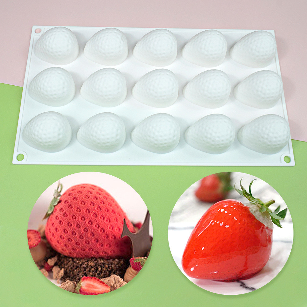 ใหม่ 15-Cavity สตรอเบอร์รี่ซิลิโคนแม่พิมพ์มูสเค้กแม่พิมพ์ 2D สตรอเบอร์รี่ขนมฝรั่งเศสช็อคโกแลตเบเกอรี่เค้ก Topper แม่พิมพ์