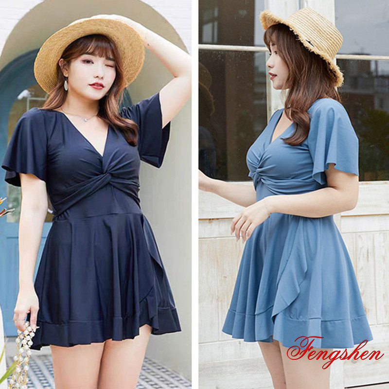 ชุดว่ายน้ำผู้หญิงไซส์ใหญ่ ชุดว่ายน้ำกระโปรงวันพีชสีล้วนสำหรับสาวอวบ กางเกงบ็อกเซอร์ในตัว ใส่สบายระบายอากาศได้ดี