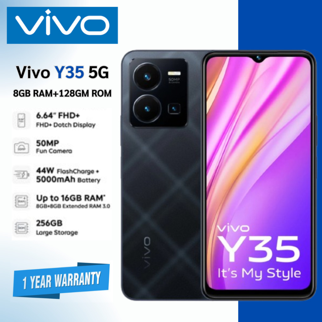 VIVO Y35 5G | RAM 8GB + ROM 128GB รองรับชาร์จเร็ว 44W แบตเตอรี่ 5000mAh กล้อง 50MP สนุกสนาน นิ้ว FHD