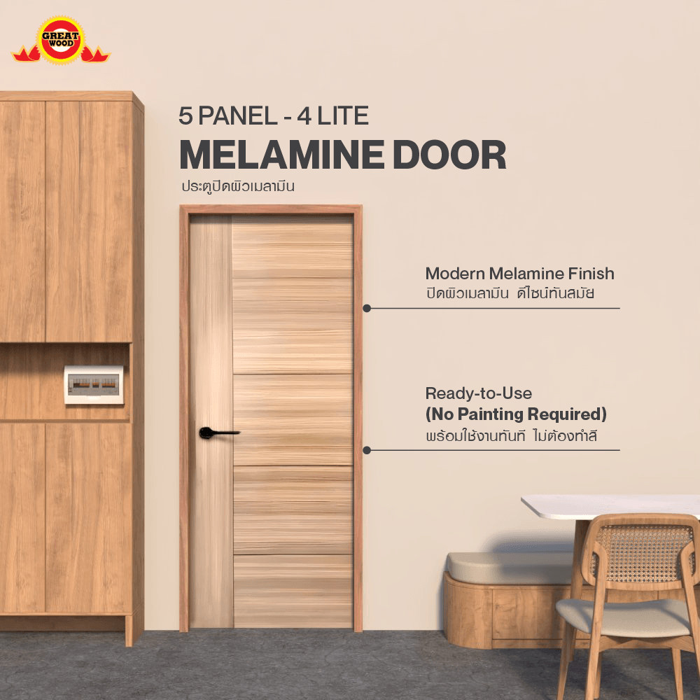 GlobalHouse HOLZTUR ประตูปิดผิวเมลามีนเซาะร่อง 5เส้น ขนาด 80x200ซม. สี White Oak สินค้าของแท้คุณภาพดี