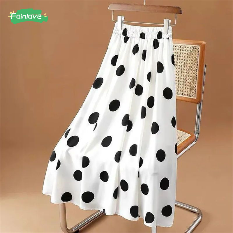 กระโปรงลายจุดผู้หญิงยืดหยุ่นเอวสูงกระโปรงยาวปานกลางใหม่ลําลองแฟชั่นกระโปรงอเนกประสงค์