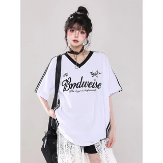 Solovely ผู้หญิง สไตล์เกาหลี ปักลาย ผ้าฝ้าย เสื้อตัวบน สีเย็บ ลายทาง คอวี โอเวอร์ไซส์ เสื้อยืด