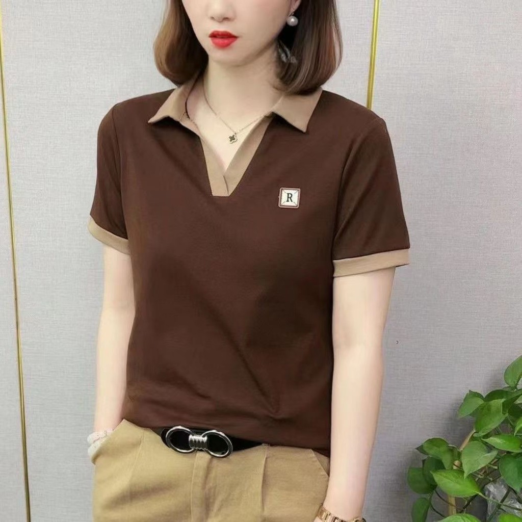 ฤดูร้อนที่เรียบง่ายอเนกประสงค์แฟชั่นสีทึบสไตล์ใหม่ปกแขนสั้นเสื้อยืดขนาดบวกด้านบน