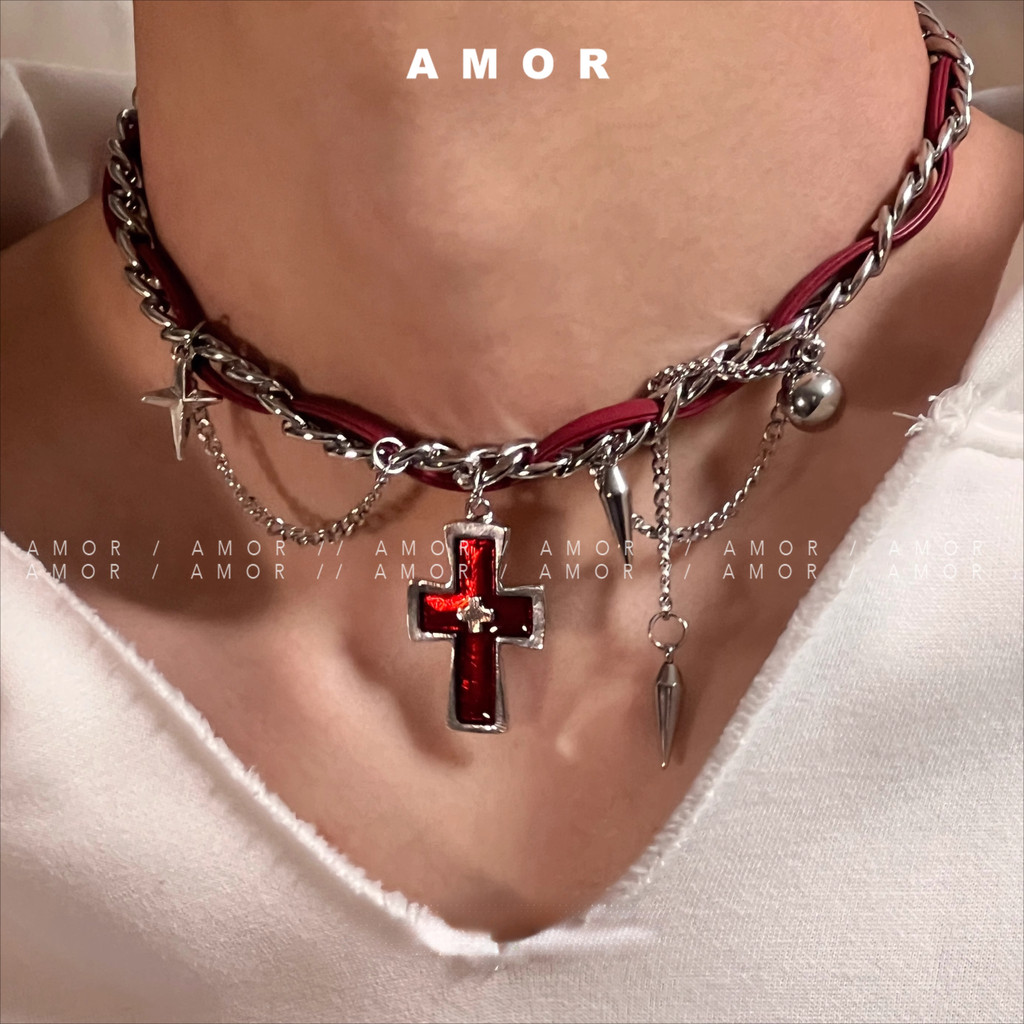 Y2k Choker สร้อยคอหมุดข้ามสีแดง Punk Unisex Niche Design