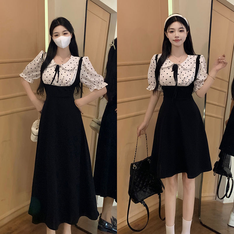 40-100กก.Plusขนาดเสื้อผ้าผู้หญิงPppyสไตล์ตุ๊กตาคอปกแขนสั้นชุดไขมันมม.เอวแคบครอบคลุมไขมันSlim-fit Sli