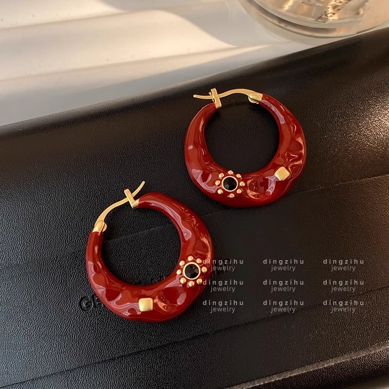 [GG] Encore Red Drop Glaze ต่างหูไวน์แดงหัวใจรักต่างหู Hypoallergenic