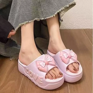 🍓EnJoy🍓พร้อมส่ง (LT-6829/LT-6829-1) รองเท้าแตะแบบสวม ดีเทลโบว์น่ารัก สีพาสเทล พื้นหนา เสริมส้นสูงสำหรับผู้หญิง