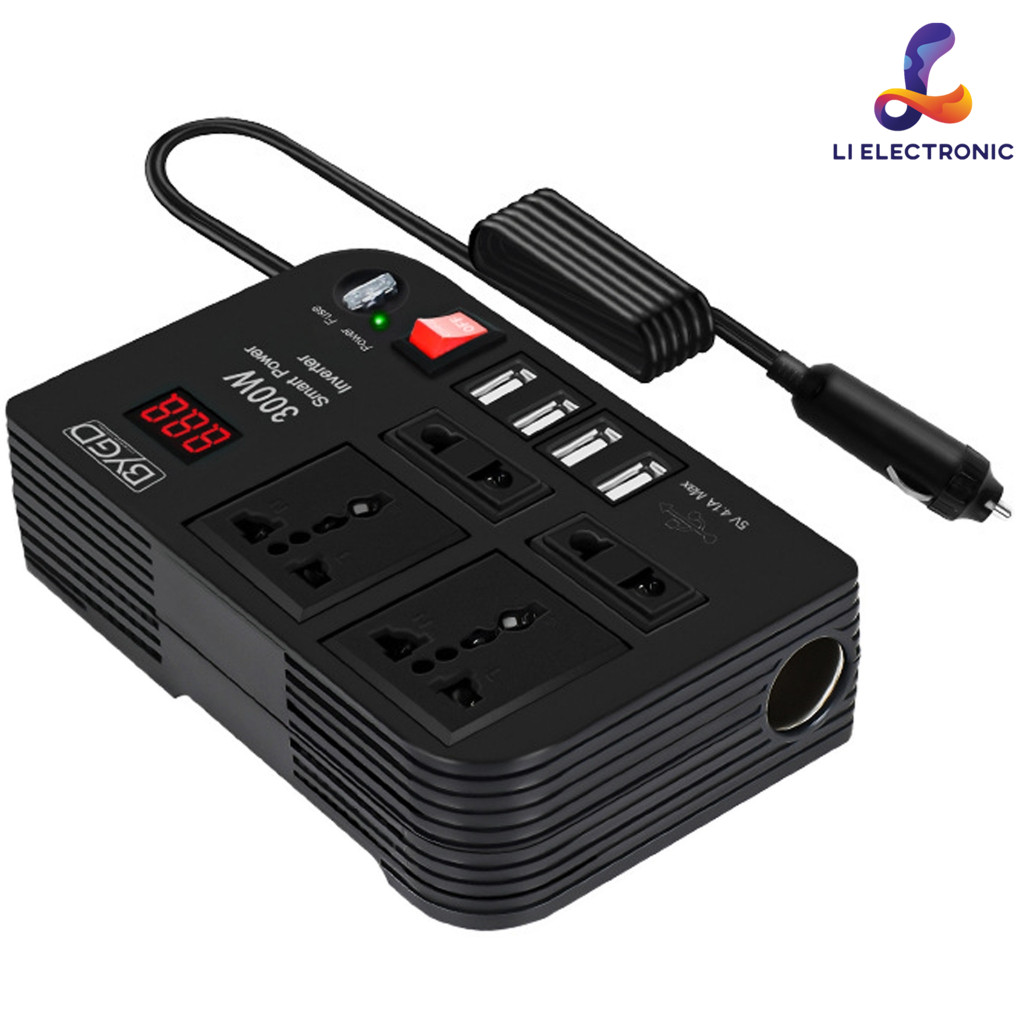 300W ปลั๊กจุดบุหรี่  อินเวอร์เตอร์ แปลงไฟ220V Smart Power Inverter DC 12V to AC 220V 50Hz w/4 USB 5v4.1a Ports 4 AC