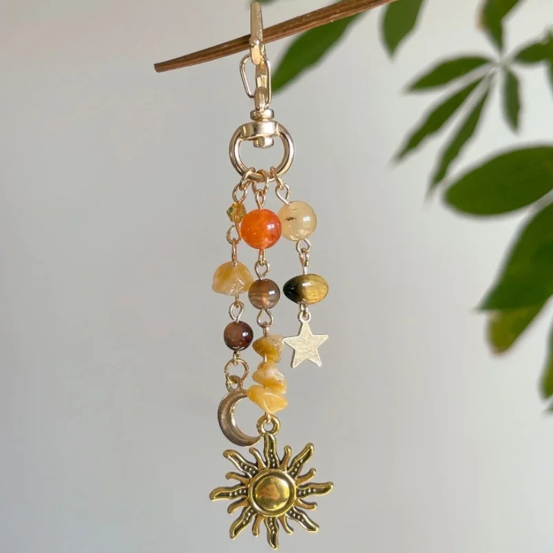 Punk Stars Moon Sun Pendant Bag Keychain for Women Girls Charm Boho Colorful Beads Key Ring Bag Chai