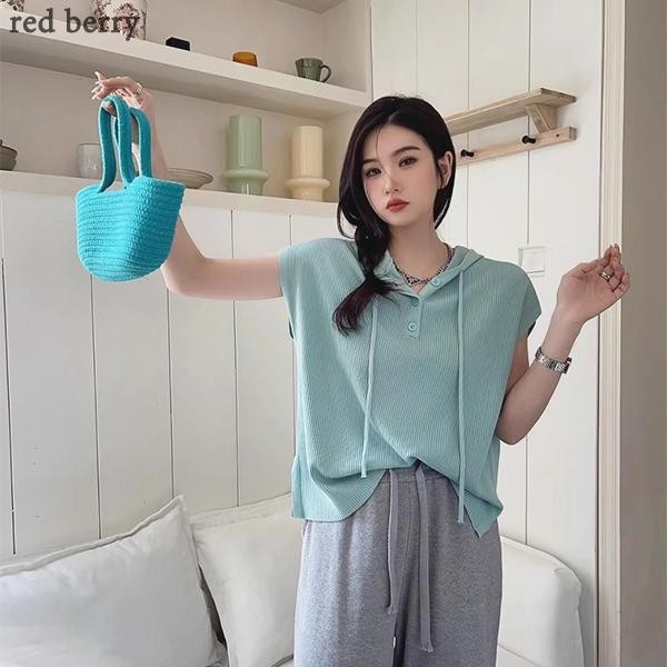 Red Berryเสื้อสเวตเตอร์คอกลมแขนสั้นหลวมๆ ลำลองสำหรับผู้หญิงในฤดูใบไม้ผลิและฤดูใบไม้ร่วงA127