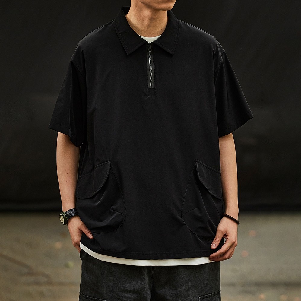 BECoolMan เสื้อโปโลผู้ชาย ซิปครึ่ง นอกบ้าน แผนกวัน เครื่องมือลม สันทนาการ หล่อ