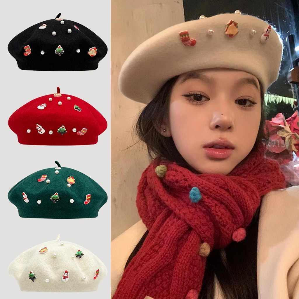 คริสต์มาส Beret หมวก Vintage คริสต์มาสขนสัตว์จิตรกรหมวกนุ่มหมวกคริสต์มาสเครื่องแต่งกายสบายวันหยุด Headwear unhcxeth