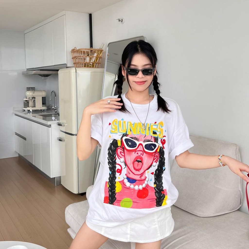 TeeTwoOne สไตล์อเมริกันวินเทจ เสื้อยืด oversize "SUNNIES"เรียบง่ายและมีสไตล์ COTTON100%เสื้อยืดผู้หญิง unisex