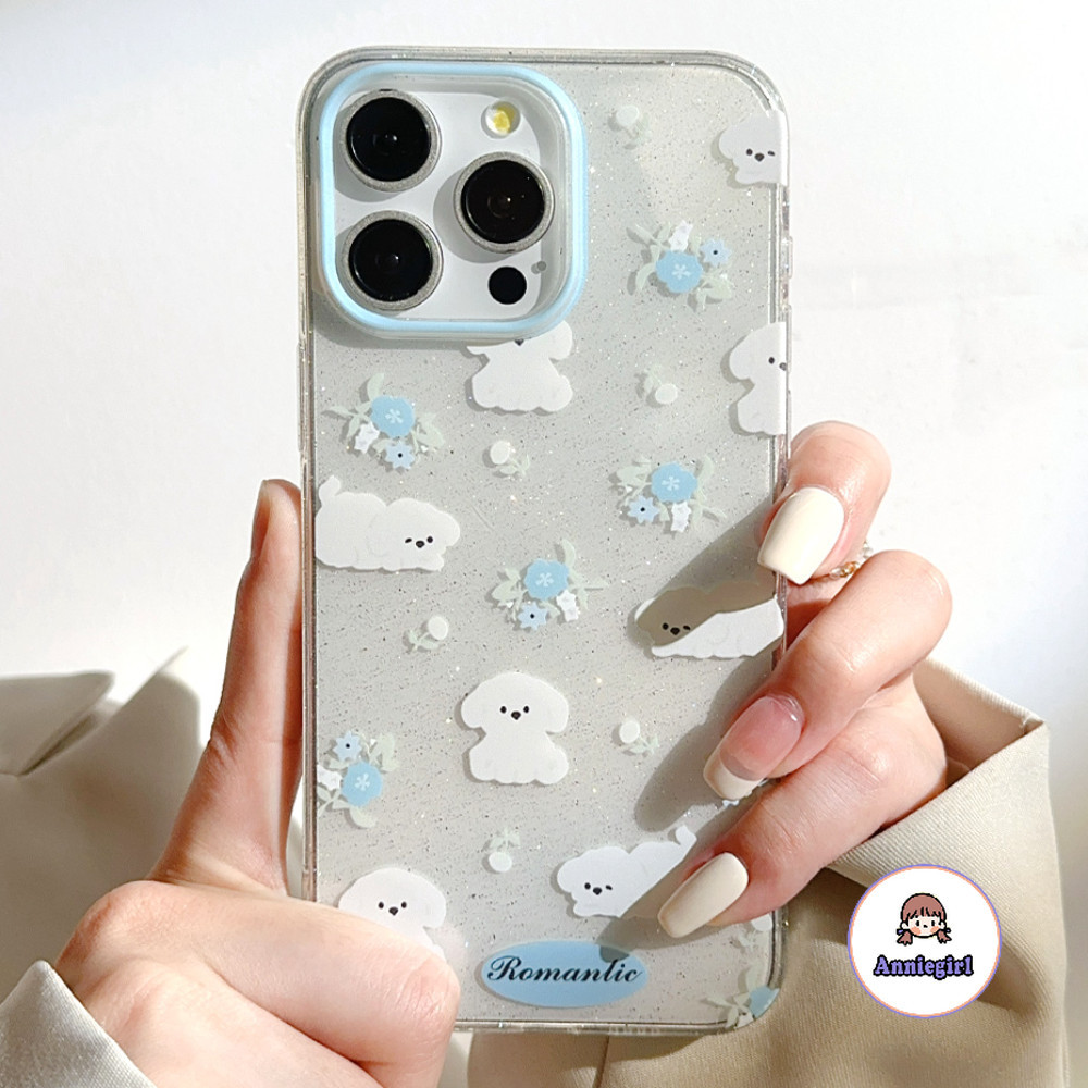 ลูกสุนัขน่ารักดอกไม้สีฟ้าเงาโปร่งใสเคสโทรศัพท์สําหรับ IPhone 11 15 16 Pro MAX 16 Plus 12 14 13 Promax XS MAX XR 8 7 Plus Dirt ทน Soft TPU โทรศัพท์ปกหลัง