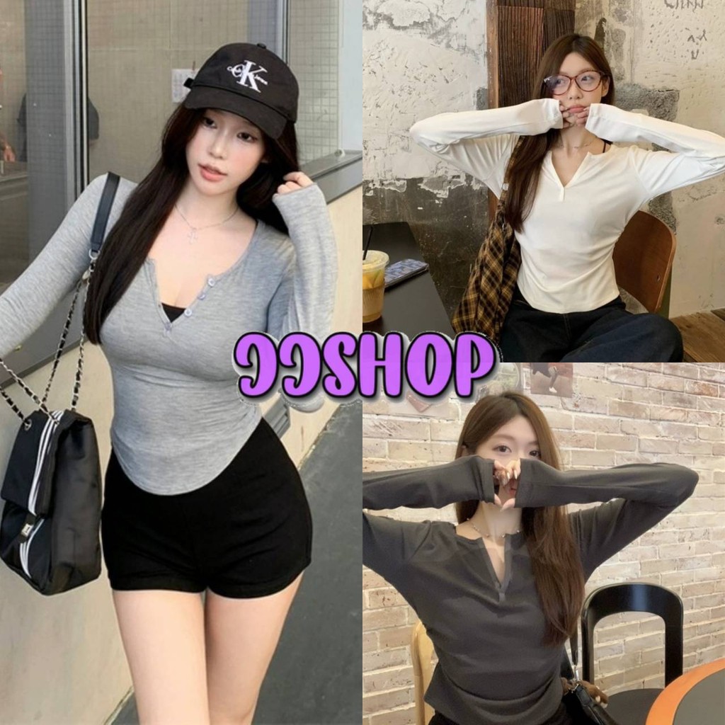 JJ Shop​ ​พร้อมส่ง เซ็ทเสื้อแขนยาว+สายเดี่ยวครอปสั้น น่ารักๆ มีฟองน้ำในตัว สีพืเนใส่สบาย "FYA085"