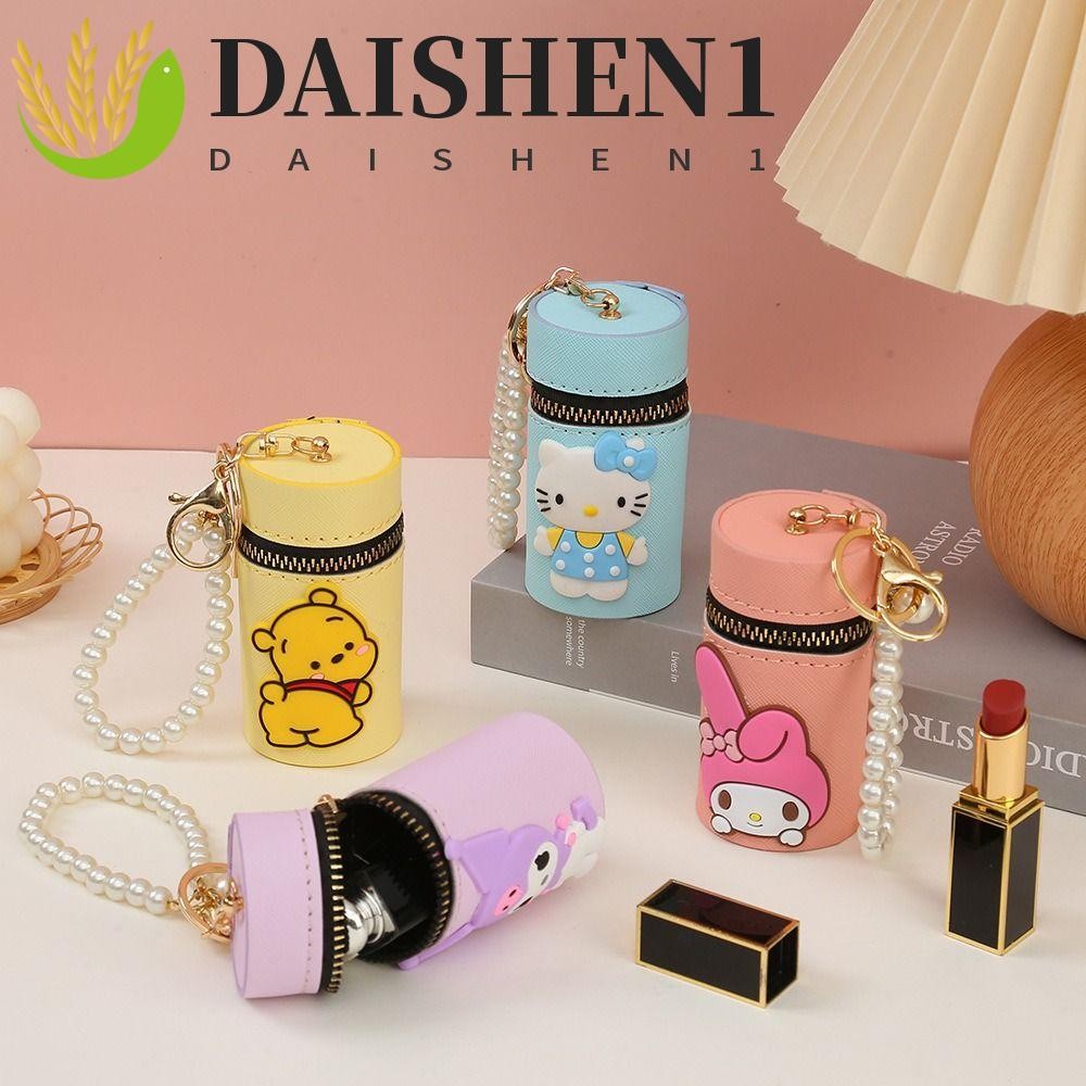 Daishen1 กระเป๋าสตางค์ทรงกระบอก, กระเป๋าลิปสติก Kuromi PU, กระเป๋าใส่เหรียญโซ่มุกสร้างสรรค์ถังรูปลิปกลอสกระเป๋าเก็บสุภาพสตรี