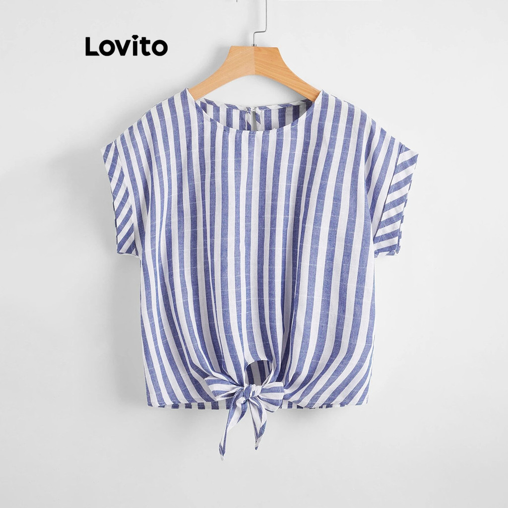 Lovito เสื้อเบลาส์ด้านหน้าลายทางลำลองสำหรับผู้หญิง L95ED881