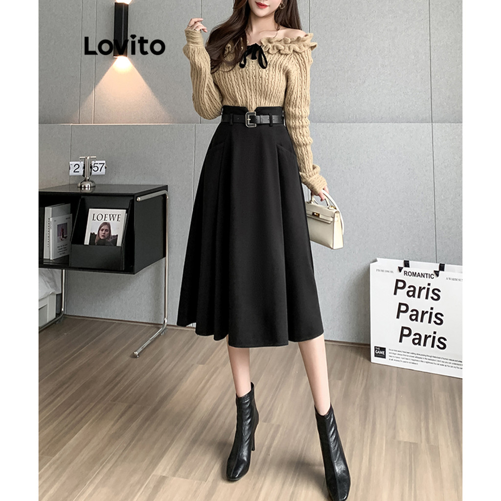 Lovito กระโปรงผู้หญิง สไตล์ลำลอง สีพื้น มีกระเป๋า ซิปข้าง LNA29118 (กาแฟ/ดำ)