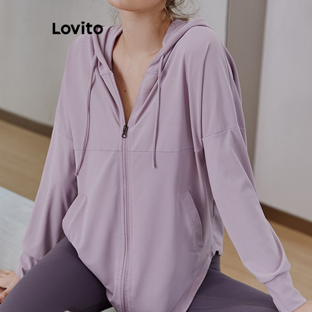 Lovito เสื้อแจ็กเก็ตกีฬาผู้หญิง แต่งกระเป๋า ซิป สีพื้น สไตล์สปอร์ต LNL63051