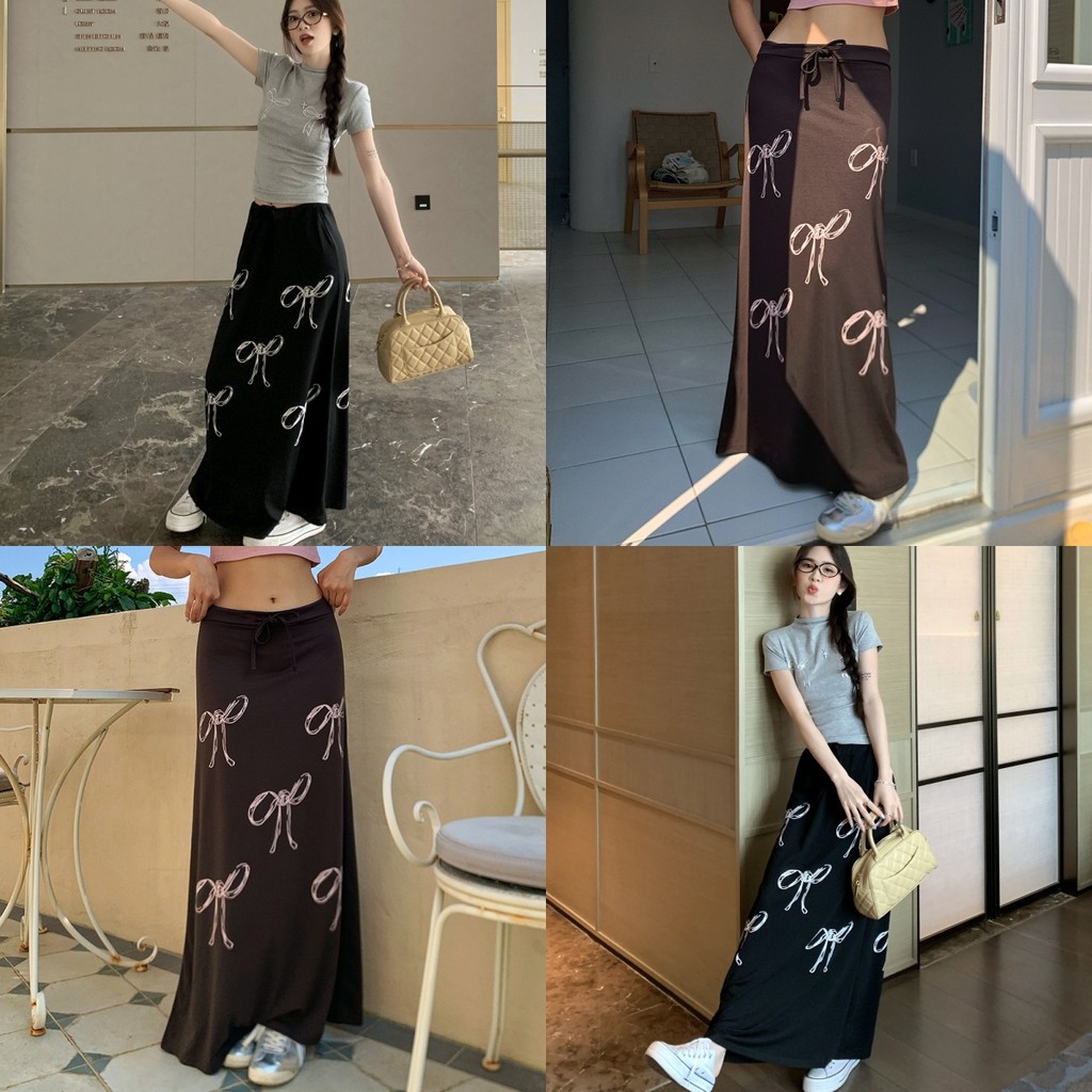 Betty house พร้อมส่ง กระโปรงผู้หญิง กระโปรงยาวทรงแคบ พิมพ์ลายโบว์ ย้อนยุค เชือกรูดแฟชั่น สไตล์อเมริกัน