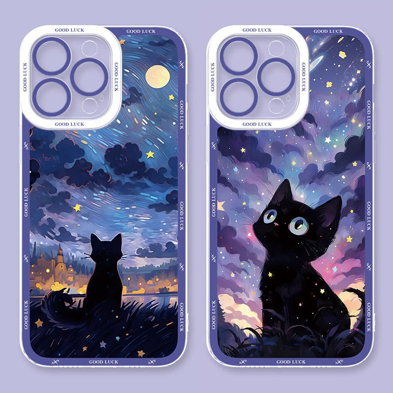 SAMSUNG Starry SkyแมวดําปลอกสําหรับSamsung A15 A16 A35 A05 A55 A54 A04 A24 A14 A34 A50 A30 A53 A31 A12 A23 A52 A20 A32 A10 A03 A13 A11 Clearศิลปินซิลิโคนเคลือบน้ํามันSoftic