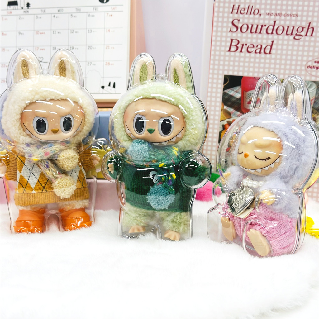 Labubu V2 เคสอะคริลิคป้องกันโปร่งใสแบบพกพากล่องเก็บสายเคเบิล Mystery กล่องกล่องเก็บตุ๊กตาตุ๊กตากระเป๋าพร้อมพวงกุญแจ
