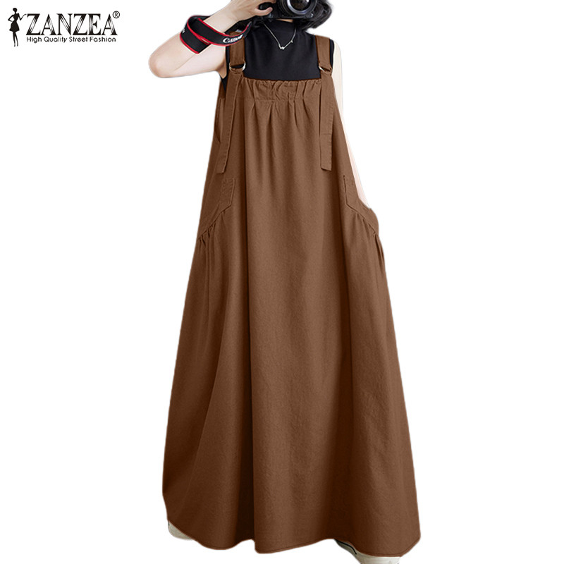 ZANZEA ใส่ ซานเซีย ผู้หญิงเกาหลีสบายๆสีทึบจีบตารางปกปรับสายรัดกระโปรงแขวน