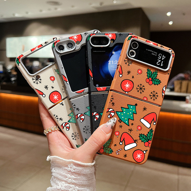 Samsung Galaxy Z Flip6 ZFlip5 ZFlip3 ZFlip4 การ์ตูนหมวกคริสต์มาสหนังป้องกันการตกเคสโทรศัพท์แบบนุ่ม