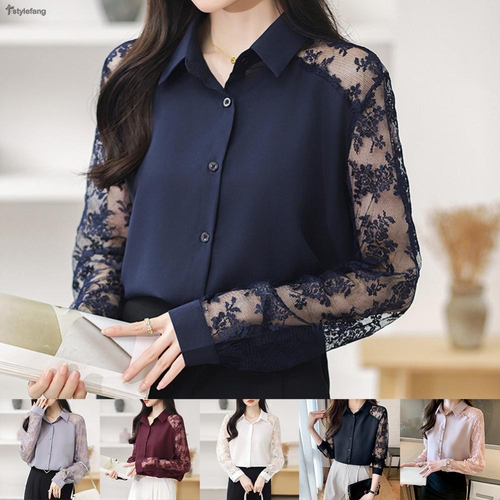 สตรีแฟชั่นใหม่ปกลูกไม้เย็บเสื้อแขนยาวเสื้อชีฟองลําลอง