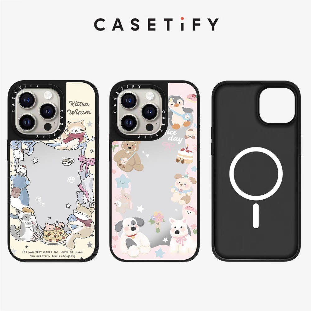 กระจกแม่เหล็กการ์ตูน Hoop สุนัขแมว Anti fall เคสโทรศัพท์สําหรับ IPhone 16 ProMax 16Pro 15ProMax 15 16 14 13 12 11 Pro Max กรณีห่อกันกระแทกด้านหลังอะคริลิคฝาครอบ