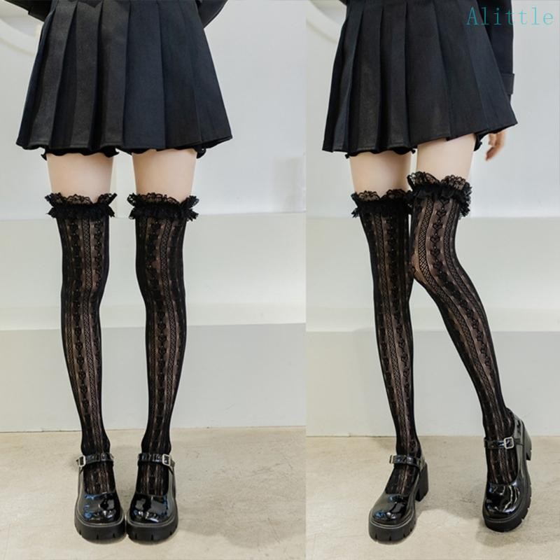 Alia Lolita Fishnet ถุงเท้าต้นขาหัวใจลายลูกไม้ Ruffled ถุงน่องเหนือเข่า