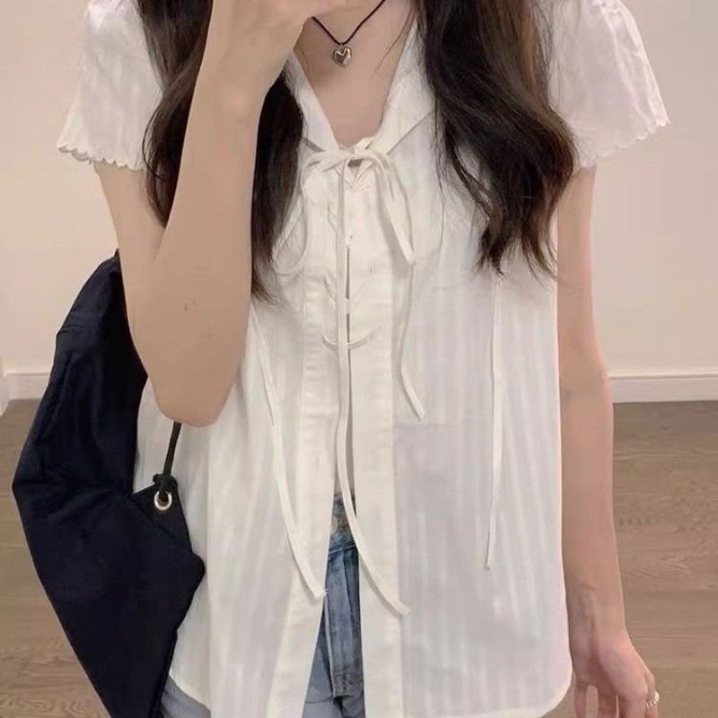 🧡LINNA🧡เวอร์ชั่นเกาหลี สีทึบ แขนสั้น เสื้อเชิ้ต ความเรียบง่าย หวาน
