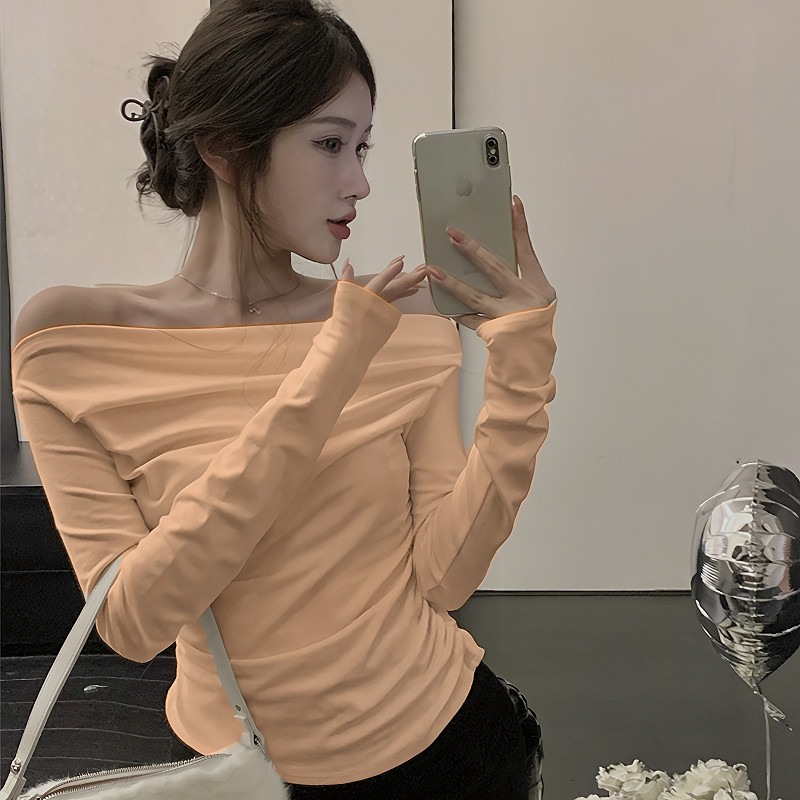 Chic พร้อมส่ง เสื้อ ปาดไหล่ แขนยาว สีพื้น ทรงสวย เรียบหรู ดูแพง ผ้าเรยอน ยืดๆ มีหลายไซส์ สาวอวบอ้วนใส่ได้