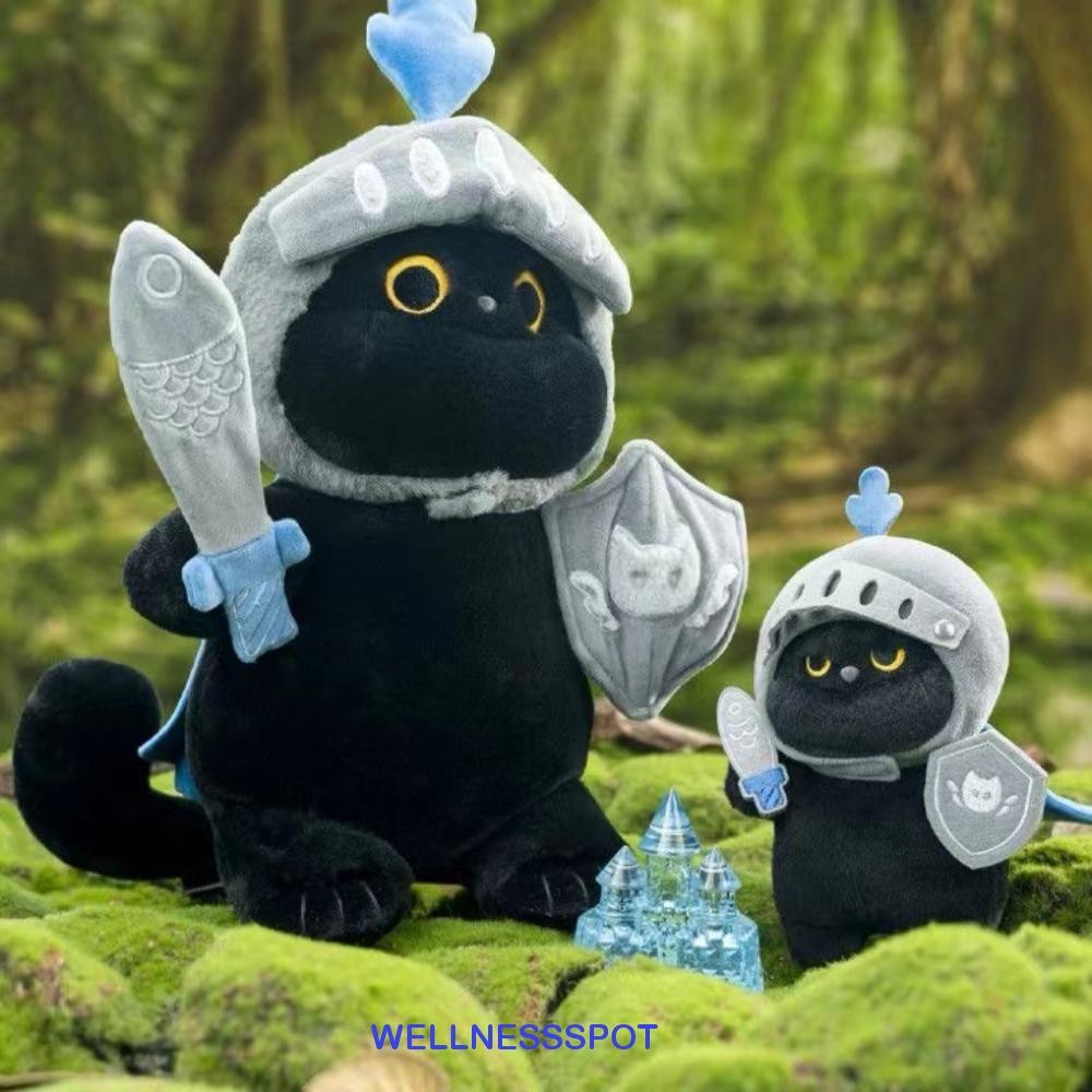 Wellnessspot ตุ๊กตาแมวอัศวิน, โล่ของเล่นตุ๊กตาแมวน่ารัก, หมอนนอนหลับนุ่มการ์ตูน Silly Black Cat ตุ๊กตาของเล่นของขวัญคริสต์มาส