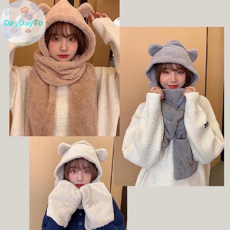 Daydayto ฤดูใบไม้ร่วงและฤดูหนาวการ์ตูนหมีน่ารักหมวกผ้าพันคอสามในหนึ่งเดียวหมวกสไตล์เกาหลีที่อบอุ่นและสะดวกสบายป้องกันหู All-in-one หมวก TH