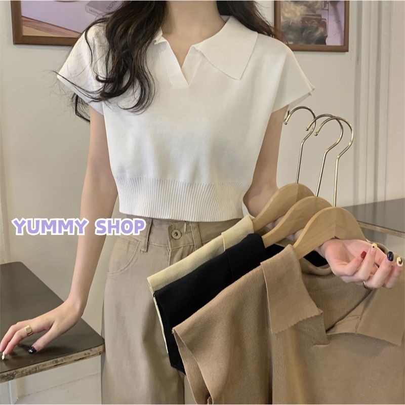 🎀Yummy Shop🎀พร้อมส่ง【K282】เสื้อคอปกทรงครอปผ้านิ่มใส่สบายมากค่าอิอิ เสื้อ เสื้อแฟชั่น