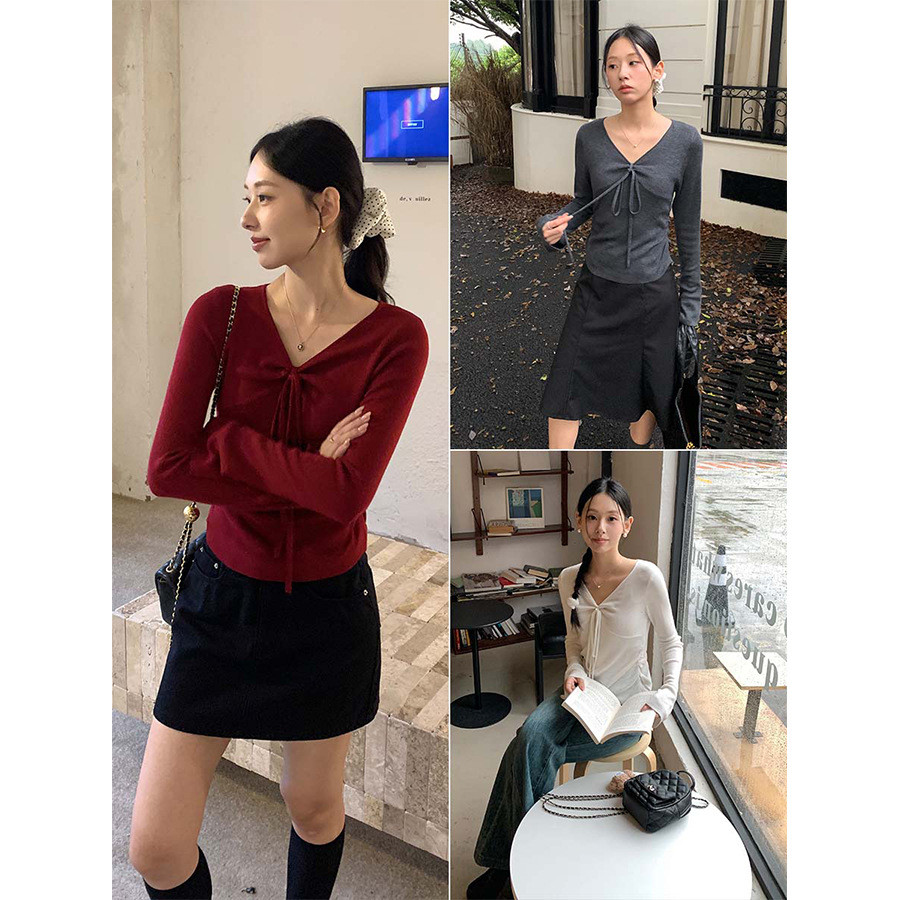 เสื้อยืดคอวีแขนยาวผู้หญิงเชือกผูกเอวควบคุม