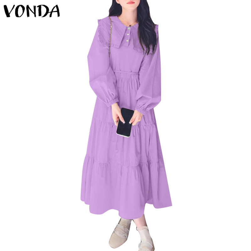 Vonda ชุดเดรสแขนยาวทรงหลวมคอกลมลําลองเกาหลีสําหรับผู้หญิง