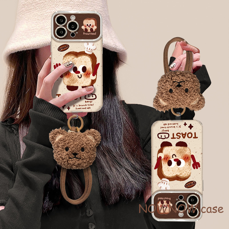 Iphone 16 15 14 13 12 11 Pro Max X XR XS Max 7 8 Plus INS น่ารักขนมปังปิ้งตุ๊กตาหมีเชือกแขวนเคสโทรศัพท์ปกอ่อน