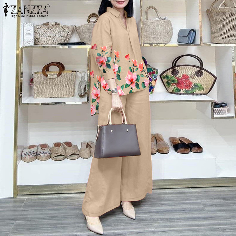 ZANZEA ใส่ ซานเซีย ผู้หญิงเกาหลีพิมพ์เปิดลงปกโคมไฟแขนปุ่มข้อมือชุดสองชิ้น — صورة 6
