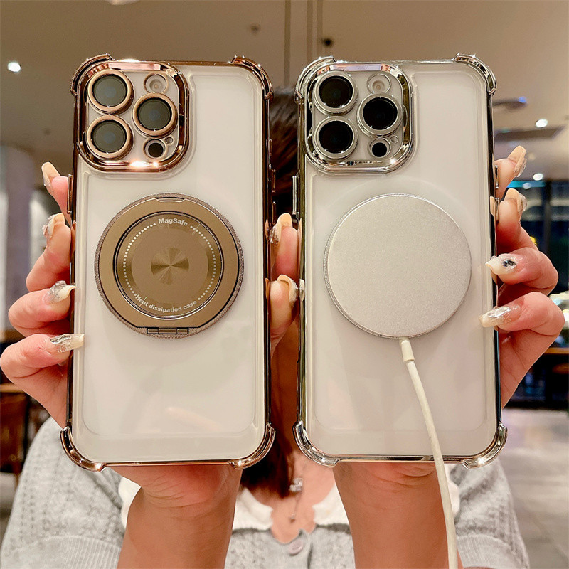 360 ° หมุนแม่เหล็กยึดถุงลมนิรภัยป้องกันการวางกรณีโทรศัพท์ที่ชัดเจนสำหรับ iPhone 16 15 14 13 12 11 PROMAX บวกชุบแก้วเลนส์ป้องกันกันกระแทกฮาร์ดปกหลัง