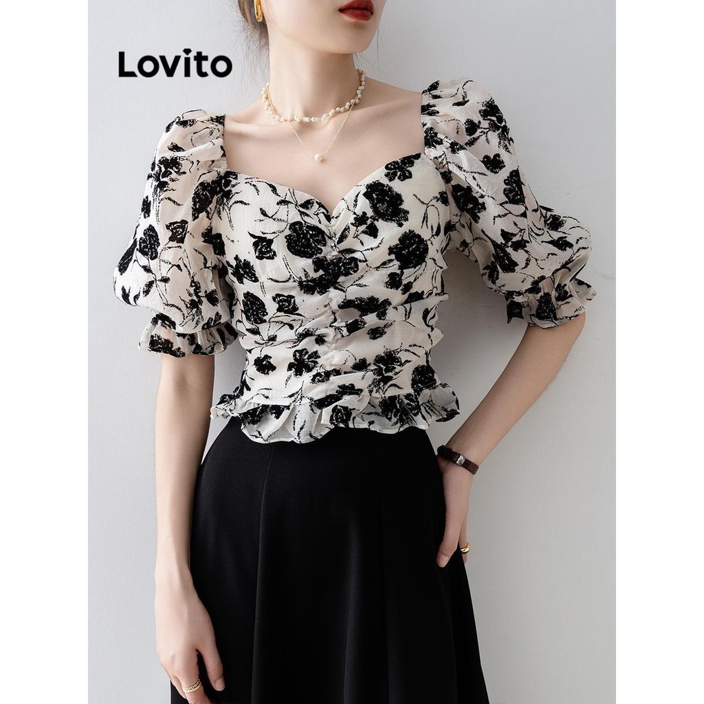 Lovito เสื้อเบลาส์ผู้หญิง ลายดอกไม้ ชายแต่งระบาย แต่งจีบ สไตล์หรูหรา LNE67299