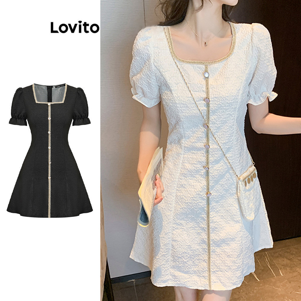 Lovito ชุดเดรสแขนพัฟ มีกระดุม สีพื้น แต่งขอบสี สไตล์ลำลอง สำหรับผู้หญิง LNE19053 (หลากสี)