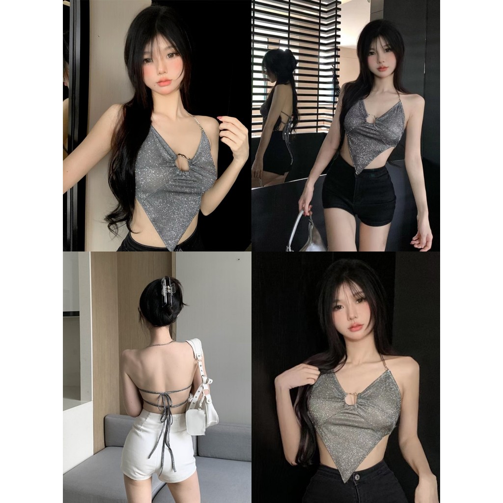 Kayla เสื้อกล้าม คล้องคอ เปิดหลัง ดีเทลเว้าหน้าอก สีที่เป็นประกาย เสื้อครอป แฟชั่น ทรงสวย เซ็กซี่#FY2632