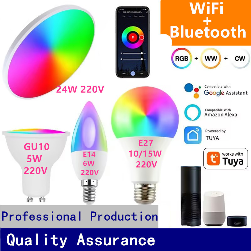 Tuya สมาร์ทโคมไฟเพดาน LED GU10 Spotlight E14 เทียน E27 หลอดไฟ WiFi สมาร์ทสนับสนุน Alexa Google Home