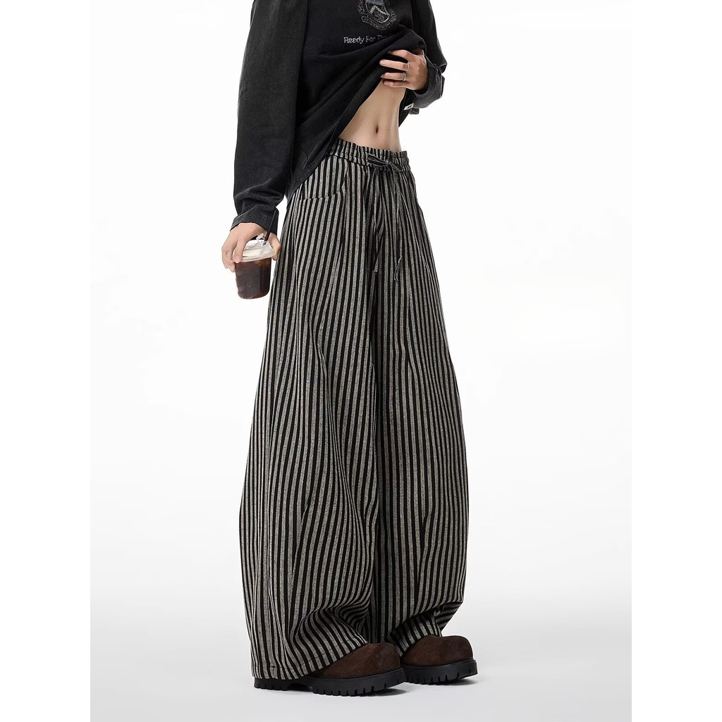 American Striped Slacks Mens Draped Straight Pants, Scimitar Wide-Legged Mop Pants Women