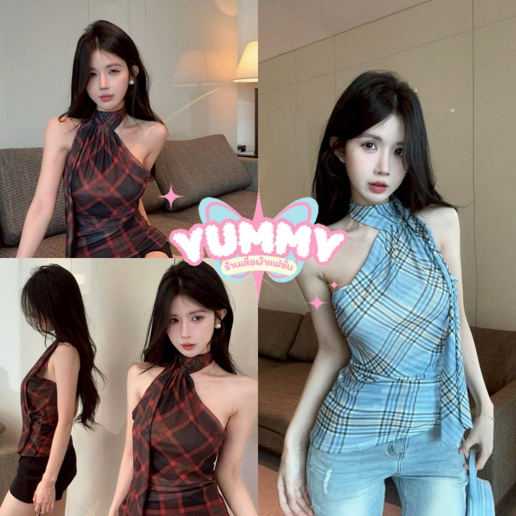 🎀Yummy Shop🎀พร้อมส่ง (56506) เสื้อกล้าม ลายสก๊อต สีสดใส ยืดพอดีตัว