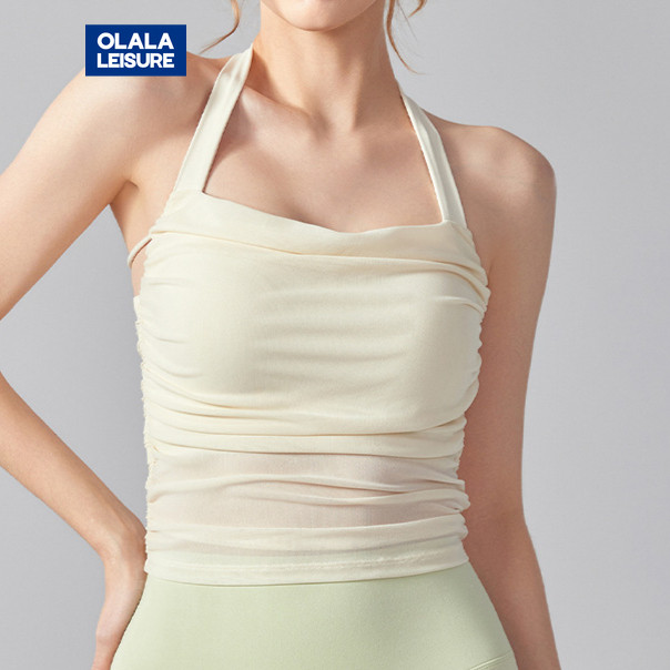 Olala  Leisure  Yoga Sports Bra Fixed Pads Halter Neck Mesh-stitching